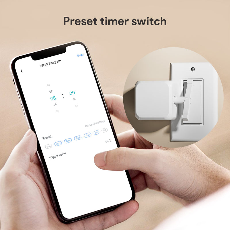 Smart fingerbot switch with preset timer control shown in mobile app
